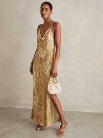 Reiss Satin Floral-Print Slip Maxi Dress in Gold REISS at Reiss