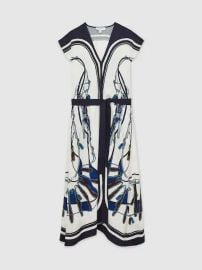 Reiss Scarf-Print V-Neck Belted Midi Dress in BlueBrown REISS at Reiss