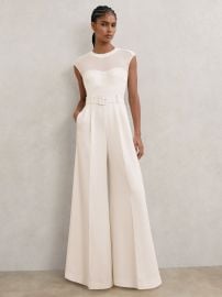 Reiss Sheer-Panel Wide-Leg Belted Jumpsuit in Ivory REISS at Reiss