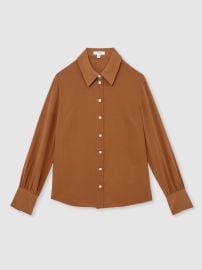 Reiss Silk Embossed-Button Shirt in Tan Brown REISS at Reiss