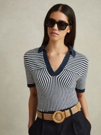 Reiss Stevie Linen Blend Open Collar Striped Polo Shirt REISS USA at Reiss