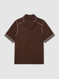 Reiss Stitch-Detail Cuban-Collar Knit Shirt in Tobacco Brown REISS at Reiss