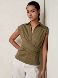 Reiss Stretch-Cotton Wrap-Front Collar Top in Khaki Green REISS at Reiss