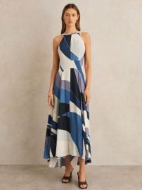 Reiss Stripe Print V-Back Midi Dress in Blue REISS at Reiss