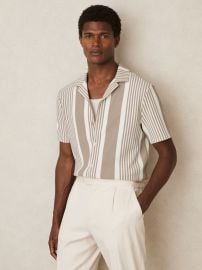 Reiss Stripe Ribbed Cuban Collar Shirt in OatmealWhite REISS at Reiss