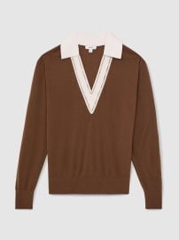 Reiss Wool Collared Cricket Jumper in Chocolate BrownIvory REISS at Reiss