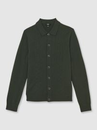 Reiss Wool V-Stitch Button-Through Cardigan in Forest Green REISS at Reiss