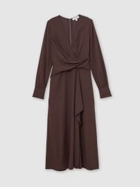Reiss Wrap-Front Drape Midi Dress with Wool in Burgundy REISS at Reiss