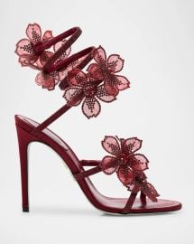 Rene Caovilla Floraine Crystal Flower Satin Snake Wrap Sandals at Neiman Marcus