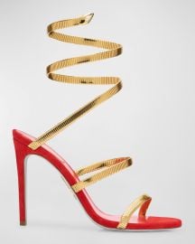 Rene Caovilla Suede Copper Snake Ankle-Wrap Sandals at Neiman Marcus