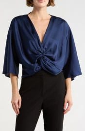 Renee C Plunge Neck Long Sleeve Twisted Knot Satin Top in Black at Nordstrom Rack at Nordstrom Rack