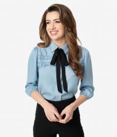 Retro Style Chambray Ruffle Neck Tie Button Up Blouse at Unique Vintage