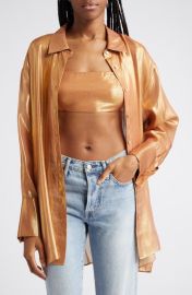 Retrofête Romy Metallic Silk Blend Button-Up Shirt at Nordstrom