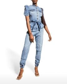 Retrofete Lia Puff-Sleeve Denim Jumpsuit at Neiman Marcus