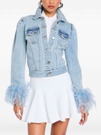 Retrofete Liby puff-sleeve feather-trimmed Denim Jacket Blue at Farfetch