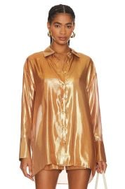 Retrofete Romy Metallic Silk Blend Button Up Shirt in Nude Glitter at Revolve