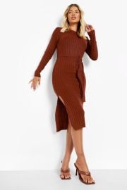 Rib Knit Belted Midi Dress at Boohoo