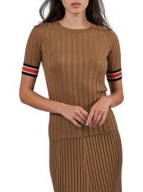 Rib-Knit Silk-Cotton Stripe-Trim Short-Sleeve Sweater at Saks Fifth Avenue