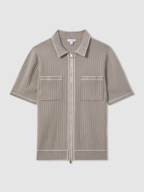 Ribbed Dual Zip-Front Shirt in Stone REISS USA at Reiss