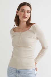 Ribbed Henley Shirt - Light beige - Ladies  HampM US at H&M