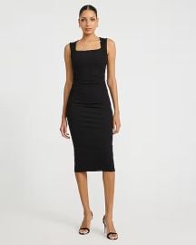 Ribbed Knit Square Neck Ruched Midi Sheath Dress at Express