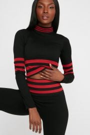 Ribbed Mock Neck Contrast Striped Cropped Long Sleeve at Urban Planet