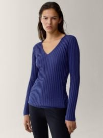 Ribbed V-neck sweater in a cotton/wool blend at Massimo Dutti