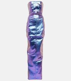 Rick Owens Strapless metallic denim maxi gown at Mytheresa