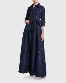 Rickie Freeman For Teri Jon Belted Jacquard Shirtdress Gown at Neiman Marcus