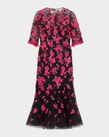 Rickie Freeman for Teri Jon Beaded Floral-Embroidered Trumpet Midi Dress at Neiman Marcus