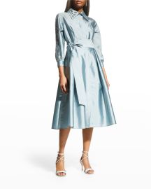 Rickie Freeman for Teri Jon Eyelet Collar  Sleeve Taffeta Shirtdress at Neiman Marcus