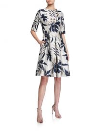 Rickie Freeman for Teri Jon Leaf-Print Jacquard Cocktail Dress at Neiman Marcus