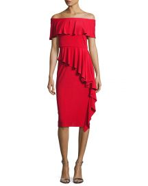 Rickie Freeman for Teri Jon Off-the-Shoulder Draped Jersey Sheath red at Neiman Marcus