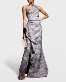 Rickie Freeman for Teri Jon One-Shoulder Jacquard Side-Ruffle Gown at Neiman Marcus