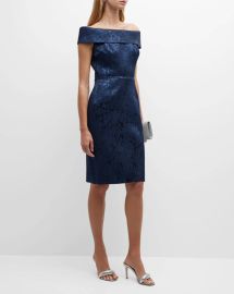 Rickie Freeman for Teri Jon Portrait Collar Textured Jacquard Dress at Neiman Marcus