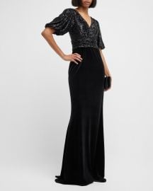 Rickie Freeman for Teri Jon Puff-Sleeve Sequin Velvet Gown at Neiman Marcus