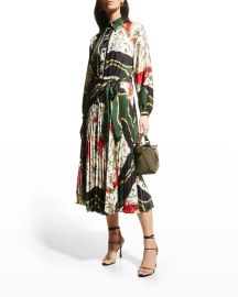 Rickie Freeman for Teri Jon Scarf-Print Shirtdress w Pleated Skirt at Neiman Marcus