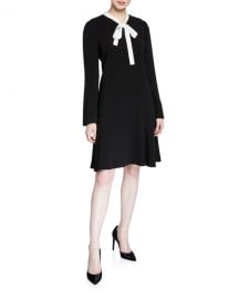 Rickie Freeman for Teri Jon Tie-Neck Long-Sleeve Crepe Dress with Pearly Trim at Neiman Marcus