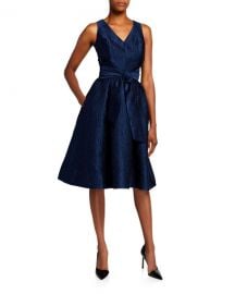 Rickie Freeman for Teri Jon V-Neck Sleeveless Jacquard Dress with Sash Belt at Neiman Marcus