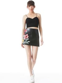 Riley A-line Embroidered Vegan Leather Skirt In Blackmulti Alice And Olivia at Alice + Olivia