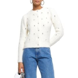 River Island Crystal Embellished Fluff Cardigan at Nordstrom