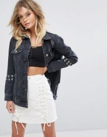 River Island Eyelet Detail Distressed Denim Jacket at ASOS