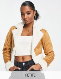 River Island Petite crop faux shearling jacket with borg trim in light brown at ASOS