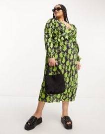 River Island Plus plisse midi smock dress in bright green at ASOS