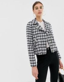 River Island boucle biker jacket in mono at ASOS