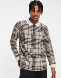 River Island brushed plaid polo in gray at ASOS