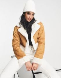 River Island crop faux shearling jacket in tan at ASOS