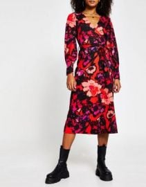 River Island floral print wrap midi dress in red at ASOS