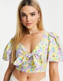 River Island floral tie front crop top in blue at ASOS