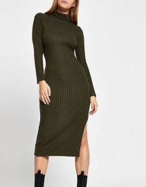 River Island long sleeve cozy midi dress in khaki at Asos